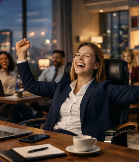 Delighted businesswoman at her desk