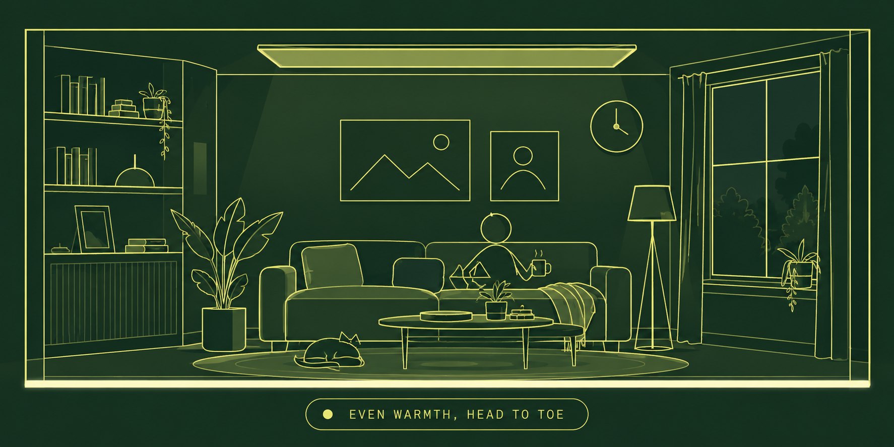A cosy living room with an infrared panel on the ceiling warming a person on the sofa, a cat on the rug and a radiator under the shelves