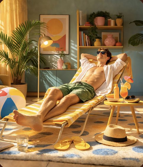 Man relaxing on a sun lounger in a warm living room
