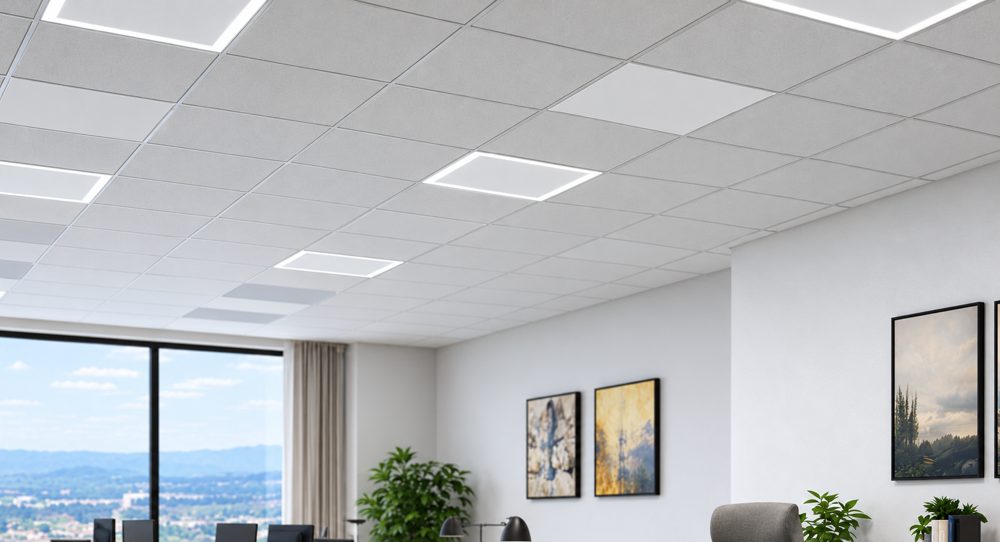 Infrared ceiling panels fitted flush in an office ceiling grid