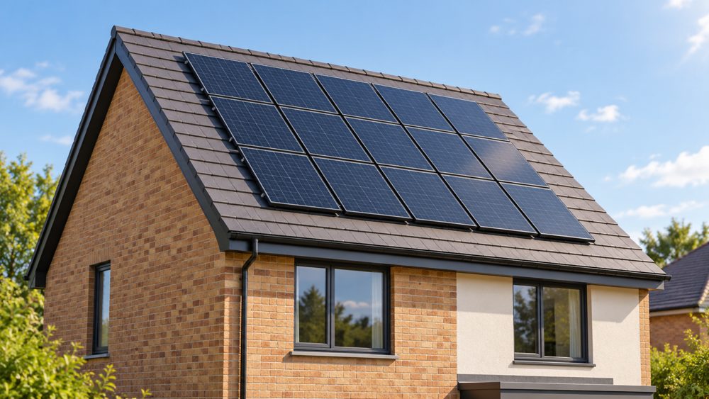 Brick family home with a mid-size solar array on the roof